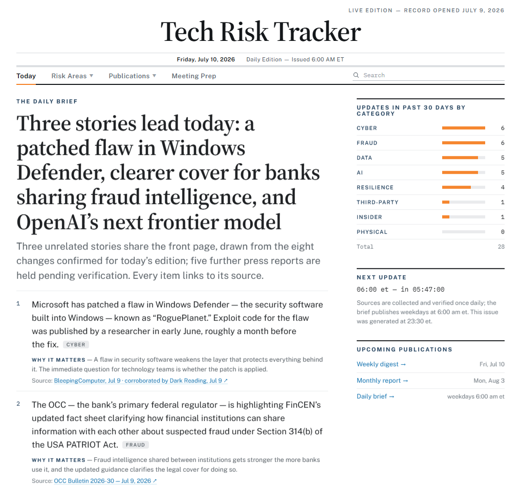 Screenshot of the Tech Risk Tracker daily edition front page